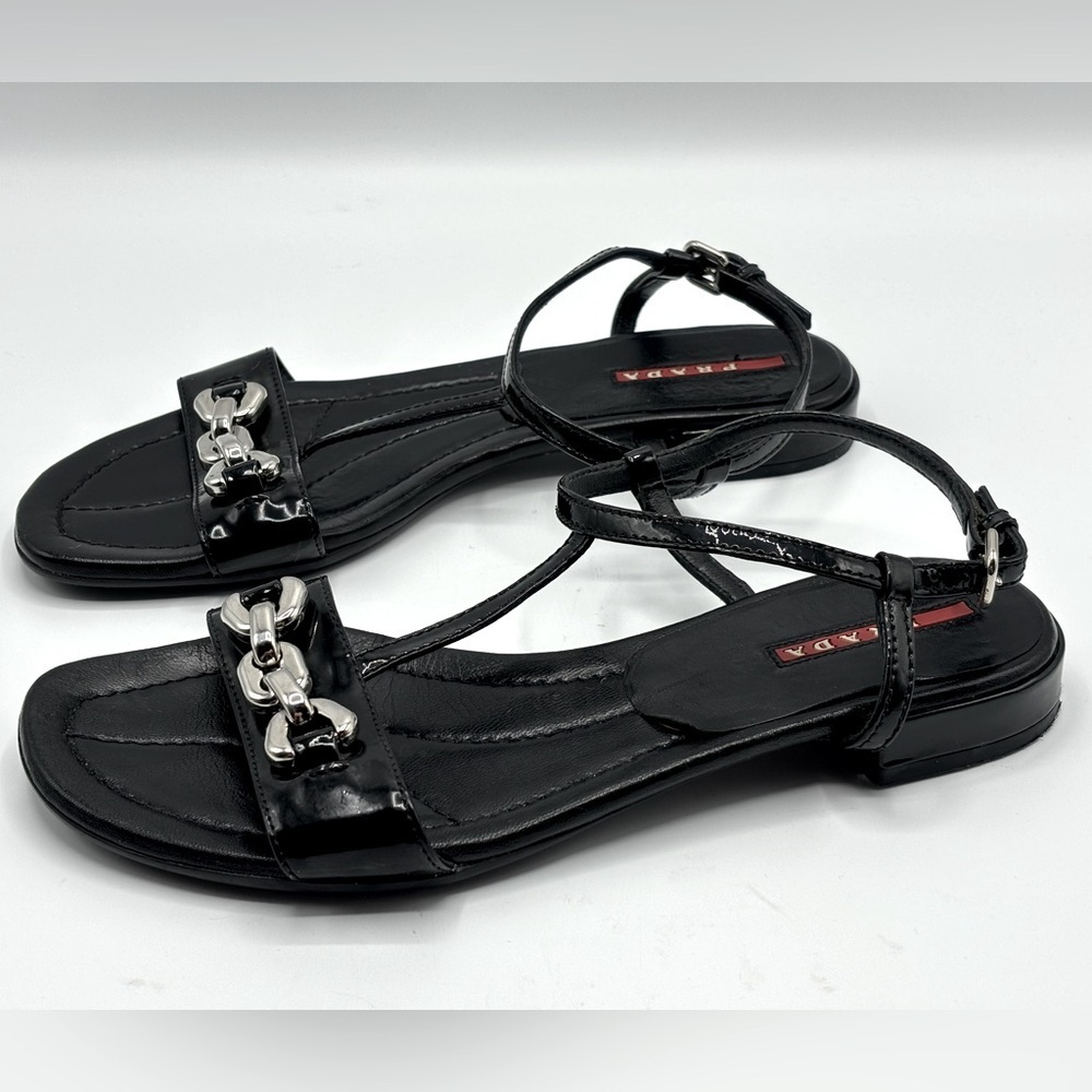 PRADA‎ Black Patent Leather Sandals with Silver Block Chain Detail - Picture 6 of 10